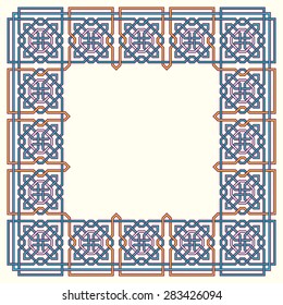 Frame with tangled modern pattern design elements, based on traditional oriental arabic patterns. Vector illustration. Plain colors - easy to recolor.