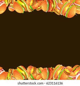 Frame from tasty burger grilled beef and fresh vegetables dressed with sauce bun for snack, american hamburger fast food meal menu barbecue meat bread tomato cheese vecor illustration background