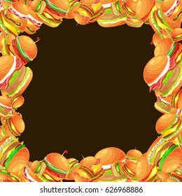 Frame from tasty burger grilled beef and fresh vegetables dressed with sauce bun for snack, american hamburger fast food meal menu barbecue meat bread tomato cheese vecor illustration background
