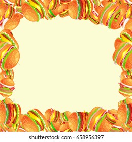 Frame from tasty burger grilled beef and fresh vegetables dressed with sauce bun for snack, american hamburger fast food meal menu barbecue meat bread tomato cheese vecor illustration background