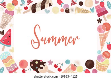 Marco de deliciosa comida dulce. Fiesta de verano. Icación de Vector plano de la comida saludable helado en una taza de gofre, paletas, hielo de fruta, camión con bayas, chocolate. Diseño aislado sobre fondo blanco.