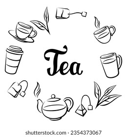 Frame with tea. Illustration with tea and accessories, packs and kettles.