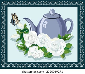 Frame with teapot and flowers.Vector illustration with a teapot and flowers on a colored background in an openwork frame.
