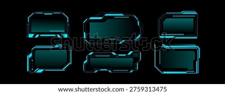 Frame tech UI elements with glowing HUD interface design. Cyberpunk game screen with digital border frames and holographic tech elements. Futuristic UI control panel with neon elements and text boxes