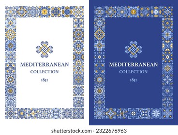 Frame template with azulejo mosaic tile pattern, blue, white, yellow colors, floral motifs, rectangular. Mediterranean, Portuguese, Spanish traditional vintage style. Vector illustration