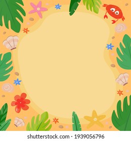 frame template in beach style. Background for invitations, announcements, business cards, beach restaurant menus, seaside advertisements. Cartoon vector illustration.
