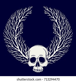 Frame template for a card or banner with a skull and branches. Freehand drawing. Can be used for scrapbook, text, print and etc.