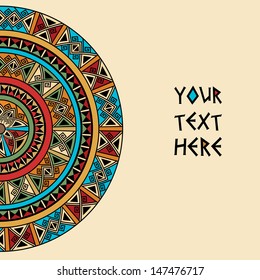 Frame template for cards, invitations, banners. You can use it for place any text here. Invitation card with ethnic traditional colorful bright half round pattern on beige background, vector