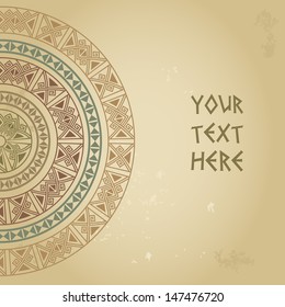 Frame template for cards, invitations, banners. You can use it for place any text here. Invitation card with ethnic traditional pastel colors half round pattern on grunge background, vector