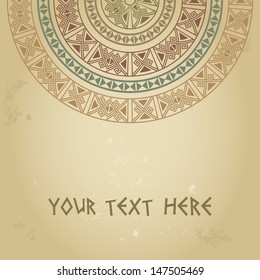 Frame template for cards, invitations, banners. You can use it for place any text here. Invitation card with ethnic traditional pastel colors half round pattern on grunge background, vector