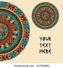 Frame template for cards, invitations, banners. You can use it for place any text here. Invitation card with ethnic traditional colorful bright half round pattern on beige background, vector