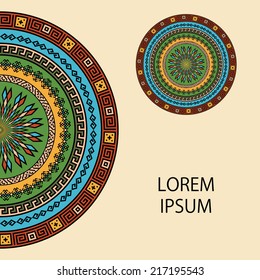 Frame template for cards, invitations, banners. You can use it for place any text here. Invitation card with ethnic traditional colorful bright half round pattern on beige background, vector