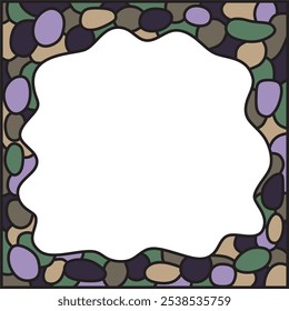 Frame template for cards, invitations, banners. You can place any text here. Invitation card with abstract mosaic pattern, vector. Wavy lines. Circle shapes. Empty space for picture. Frame or border.