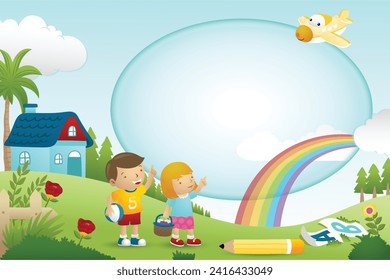 frame template cartoon, boy and girl on nature background with funny airplane