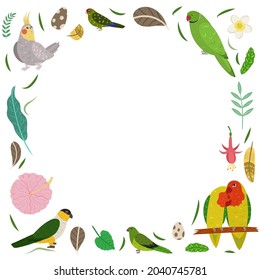 Frame template with cartoon exotic birds. Tropical rectangle composition with cockatiel, lovebird, kakariki parrots. Design for kid nursery.