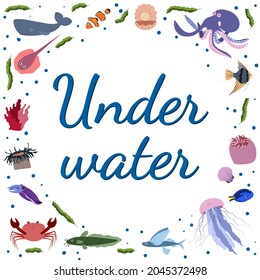 Frame template with cartoon sea animals. Ocean background with circle silhouette. Underwater life. Sperm whale, jellyfish, crab and shell.