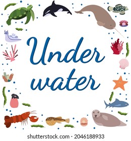 Frame template with cartoon sea animals. Ocean background with circle silhouette. Underwater life. Turtle, whale, seal and narwhale, omar, coral.