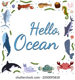 Frame template with cartoon sea animals. Ocean background with square silhouette. Underwater life. Whale, tuna, sea horse and crab, lobster