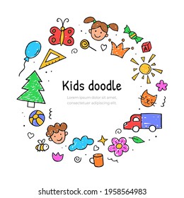 Frame template childish drawings in color. Doodle sketch style. Vector composition design.
