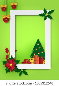 Frame template with decorated christmas tree, gifts, balls. Red poinsetia flower. Place for text.