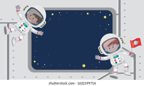 Frame template design with astronauts in background illustration