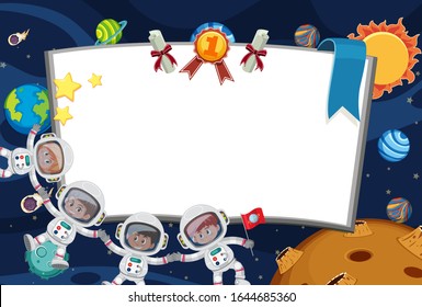 Frame template design with astronauts flying in the space illustration