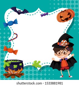 Frame template design with boy in halloween costume illustration