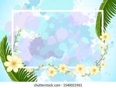 Frame template design with flowers on blue background illustration