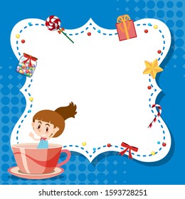 Frame template design with girl in big cup illustration