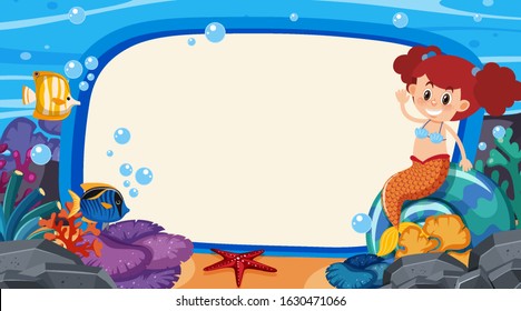 Frame template design with mermaid and fish in background illustration
