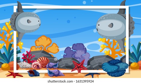 Frame template design with sea creatures  under the ocean illustration