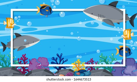 Frame template design with sea creatures  under the ocean illustration