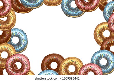 Frame template with Donut with color glaze. Space for copy text. Bakery product. Vintage style design. Template for banner, poster, packaging design. Hand Drawn vector illustration.