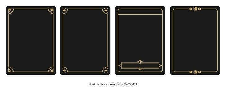 Frame template for esoteric cards, tarot cards.Line golden frame, minimalist esoteric border, mystic linear decoration.  Outline geometric rectangles.