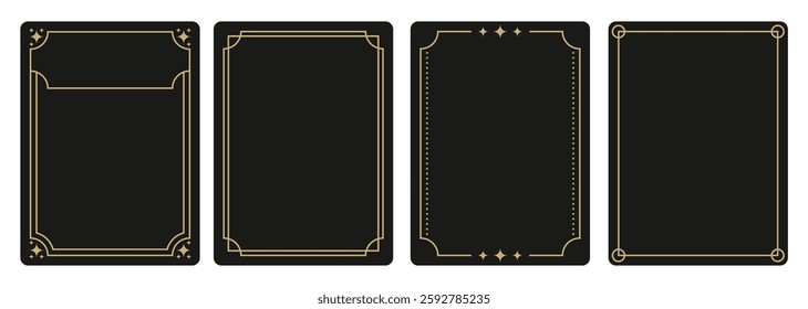 Frame template for esoteric cards, tarot cards.Line golden frame, minimalist esoteric border, mystic linear decoration.  Outline geometric rectangles.