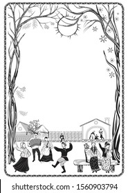 Frame template for folklore event, competition, festival, diplomas, award ceremony. linear black and white drawing. Isolated stock image on a white background. Vector graphics.