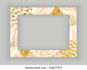 Frame template, golden texture with border, marble business card or background in trendy minimalistic geometric style, gold lines, textures, granite, glitter, frame, vector invitation