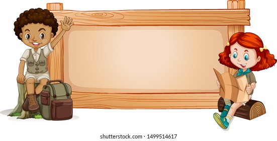 Frame template with happy kids in hiking outfit illustration
