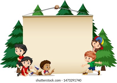 Frame template with happy kids and pine trees illustration