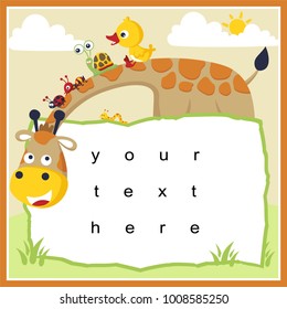 Frame template for invitation card. Vector illustration of animals cartoon. Duck, snail, ant, ladybug and caterpillar on giraffe's neck