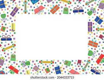 Frame template made of festive boxes and stars. Multi-colored image. There is free space for text. Horizontal orientation. Vector illustration.
