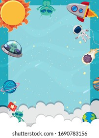 Plantilla de marco con muchos planetas en la ilustración de fondo del espacio
