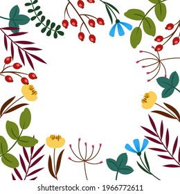 Frame Template on a white background with abstract leaves and flowers. Made in a flat style. Vector illustration.