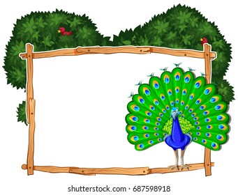 Frame template with peacock in bush illustration