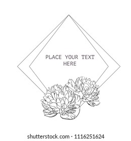 Frame template with peony flowers. Vector illustration isolated on white background.