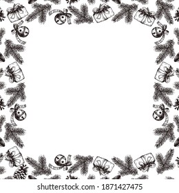 Frame template with pine branches, pinecone, jingle bells, gift box. Christmas and New Year elements. Hand Drawn vector illustration.