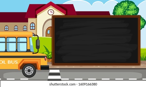 Frame template with school bus on the road background illustration