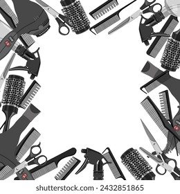 Rahmenschablone quadratisch mit Schere für Haarschnitte, Haartrockner, Kämme, Sprühflasche auf weißem Hintergrund. Vektorrahmen für Schilder, Friseurdienstleistungen und Designs.