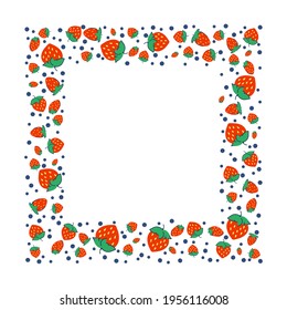 Frame template with strawberries and blueberries. Background with place for your text. Isolated on white background. Vector illustration