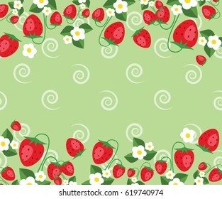 Frame template with strawberries, leafs and flowers. Vector background